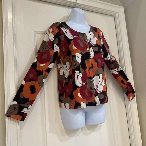 Chico's Abstract Floral-Print Silk Blend Button Cardigan Sweater Size 1 / Medium - Picture 2 of 10